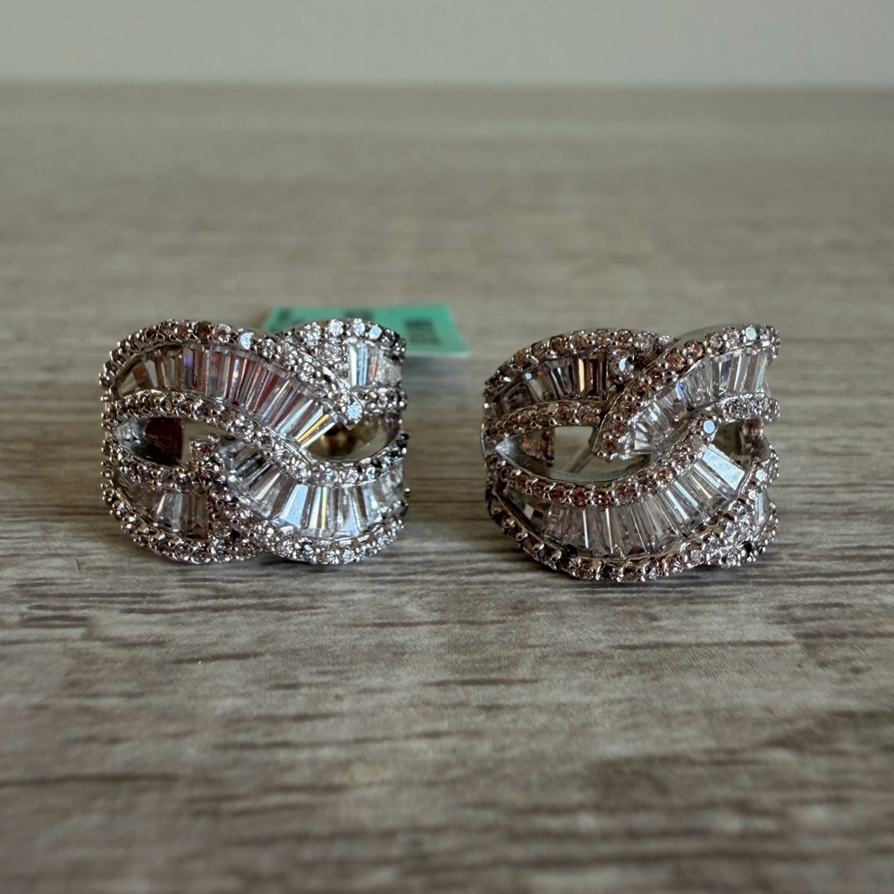 Sterling Silver 925 Swirl Baguette CZ Omega Back Clip Earrings NWT